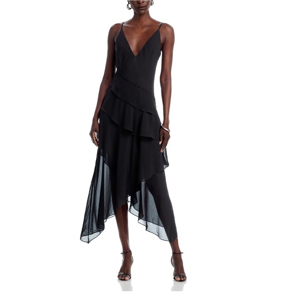 L'AGENCE Sunniva‎ Tiered Midi Dress Black Asymmetric Ruffle V-Neck Size 4 NEW